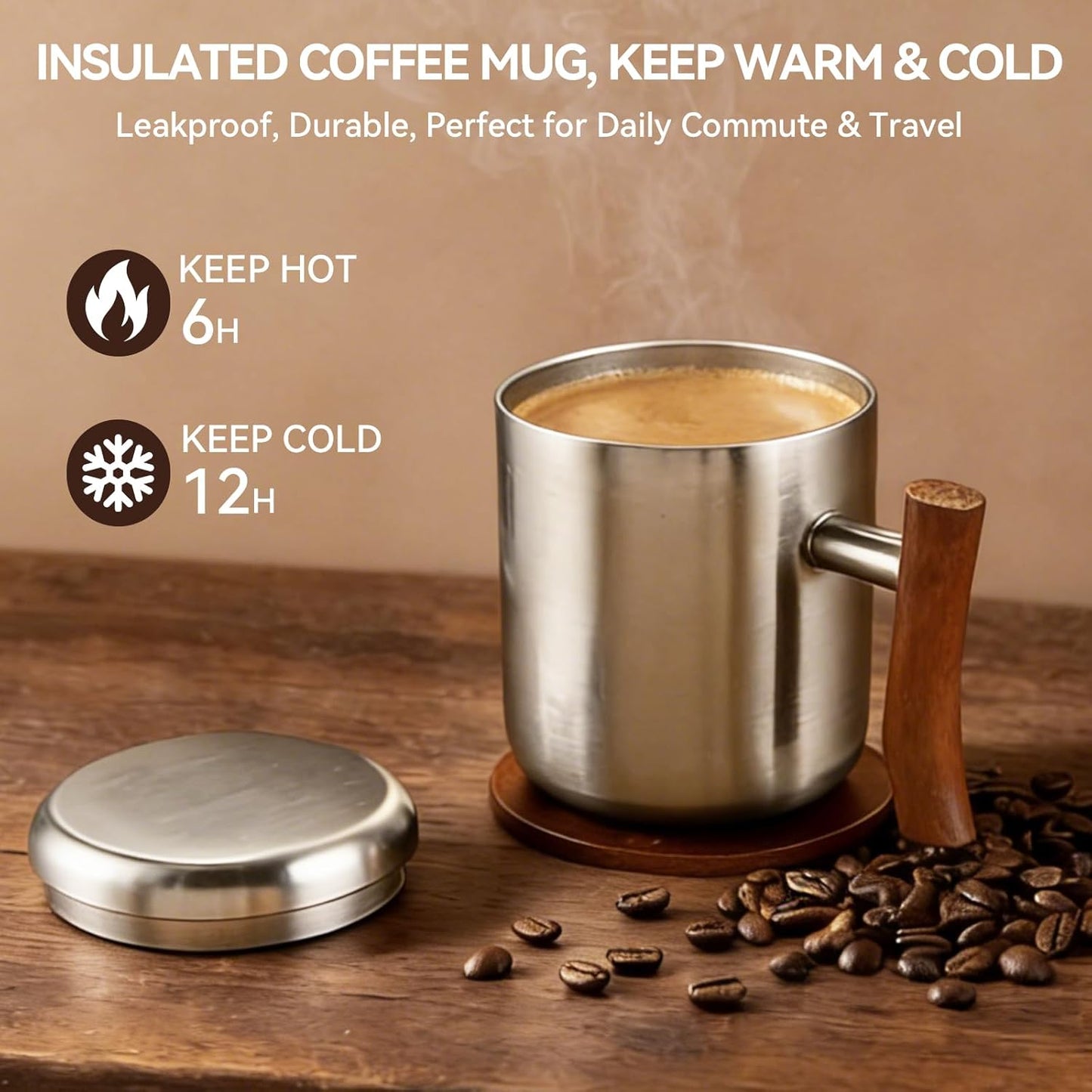 14oz Stainless Steel Insulated Coffee Mug with Wooden Handle & Coaster Set – Double Wall Thermal Cup for Coffee, Tea, Hot & Cold Drinks, Perfect for Home, Office and Travel (14oz-Silver)