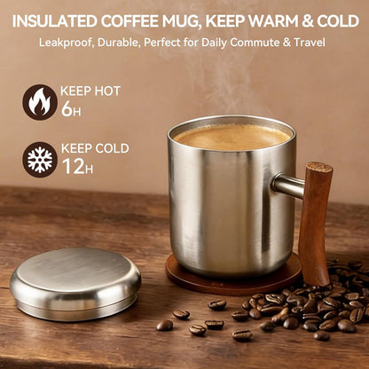 14oz Stainless Steel Insulated Coffee Mug with Wooden Handle & Coaster Set – Double Wall Thermal Cup for Coffee, Tea, Hot & Cold Drinks, Perfect for Home, Office and Travel (14oz-Silver)