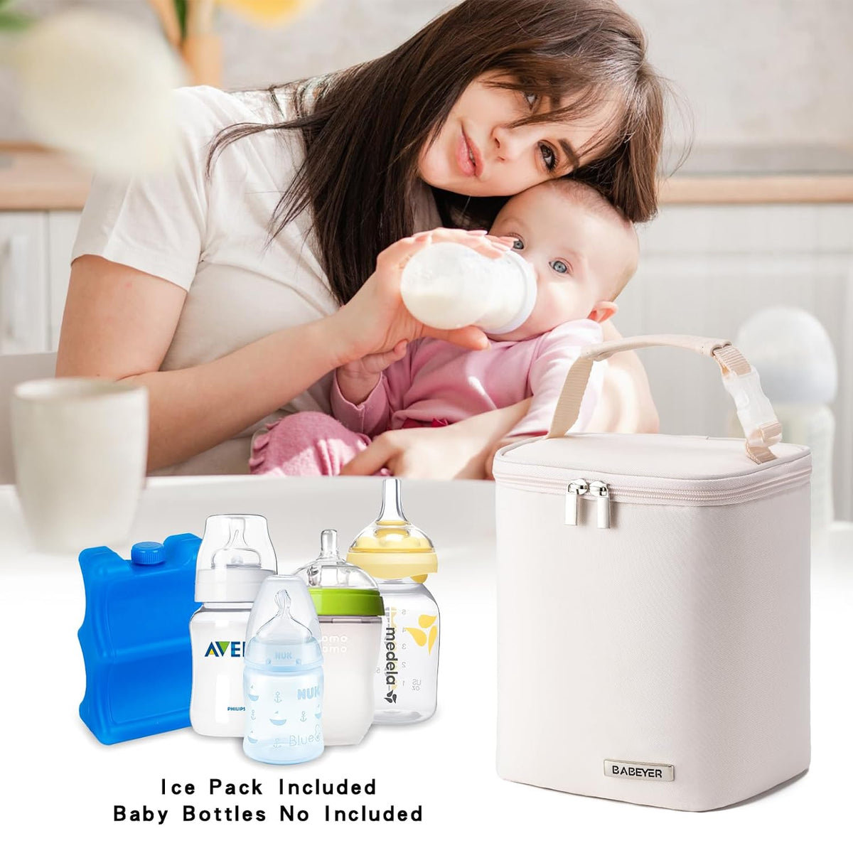 Breastmilk Cooler Bag with Ice Pack Fits 4 Baby Bottles Up to 9 Ounce, Baby Bottle Bag Great for Nursing Mom Daycare