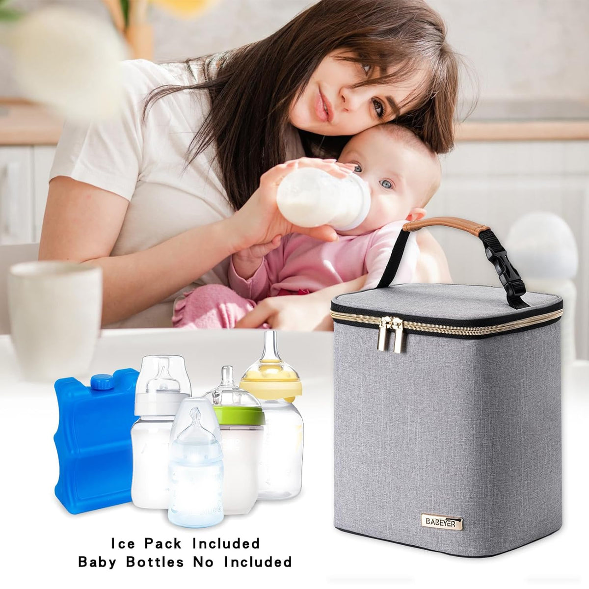 Breastmilk Cooler Bag with Ice Pack Fits 4 Baby Bottles Up to 9 Ounce, Baby Bottle Bag Great for Nursing Mom Daycare