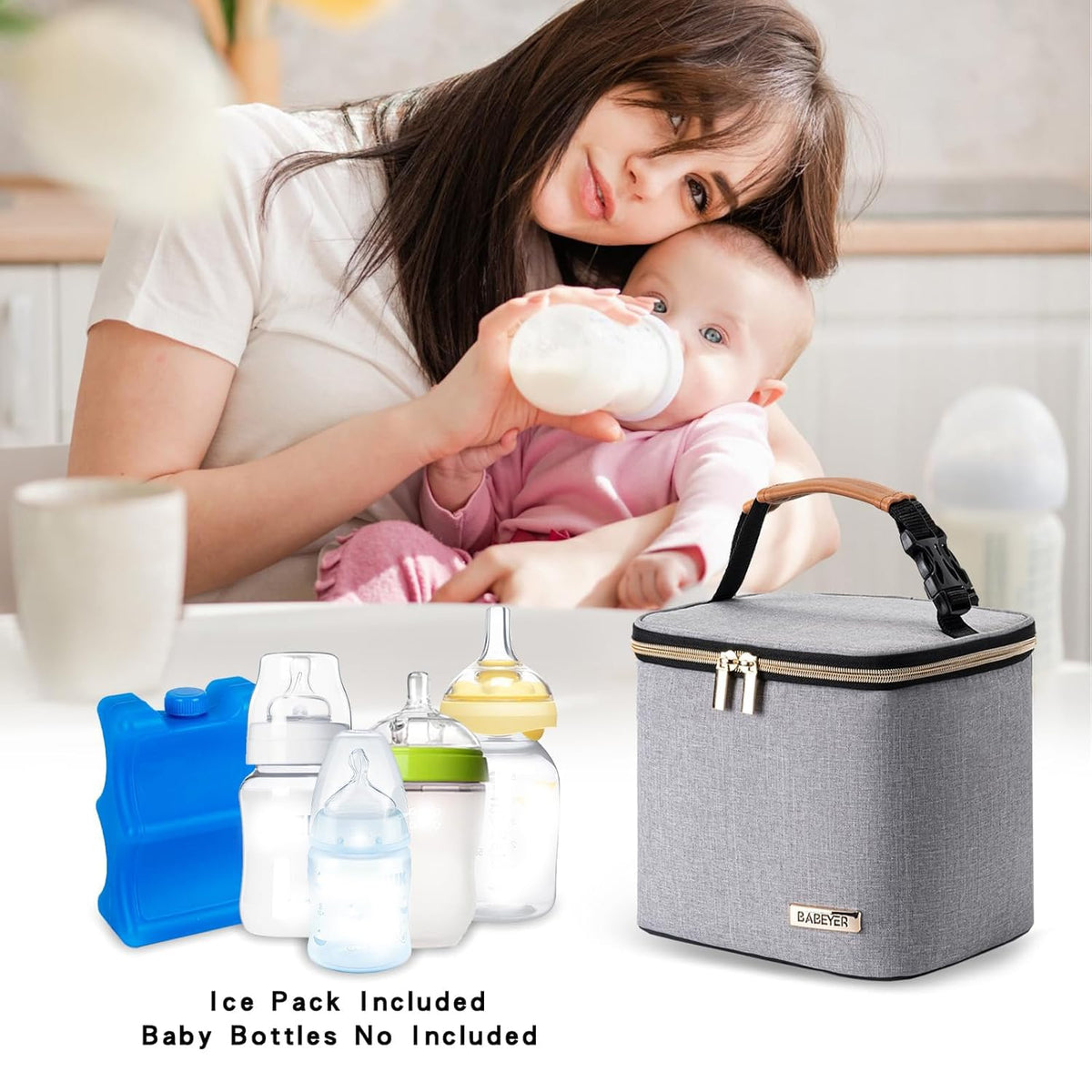 Breastmilk Cooler Bag with Ice Pack Fits 4 Baby Bottles Up to 9 Ounce, Baby Bottle Bag Great for Nursing Mom Daycare