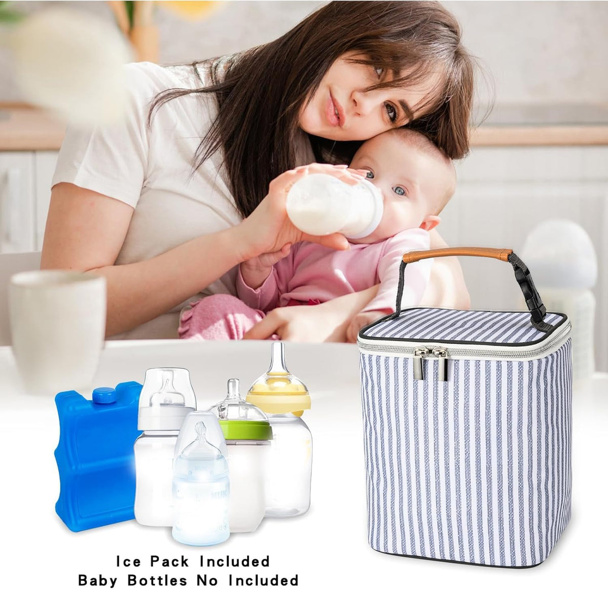 Breastmilk Cooler Bag with Ice Pack Fits 4 Baby Bottles Up to 9 Ounce, Baby Bottle Bag Great for Nursing Mom Daycare