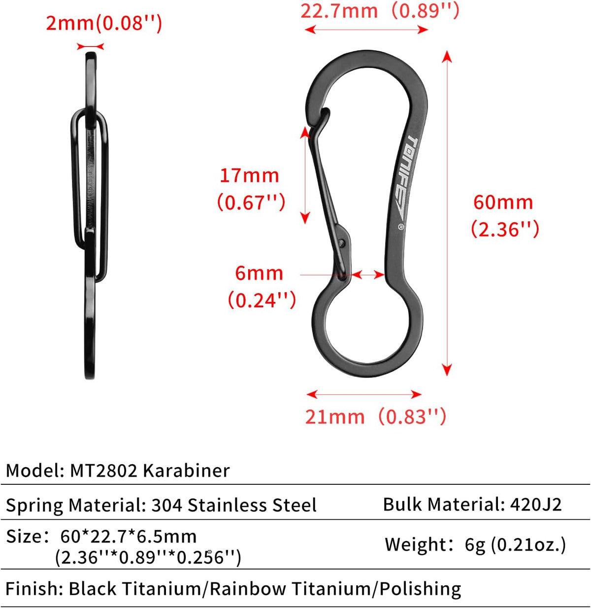 Carabiner Clip 2-Pack, Stainless Steel Carabiner Keychain, Spring Snap Hook for Dog Leash and Key Ring