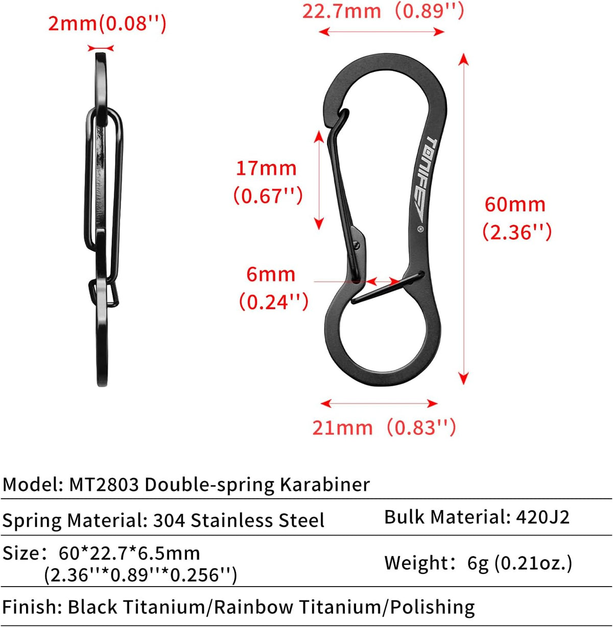 Carabiner Clip 2-Pack, Stainless Steel Carabiner Keychain, Spring Snap Hook for Dog Leash and Key Ring
