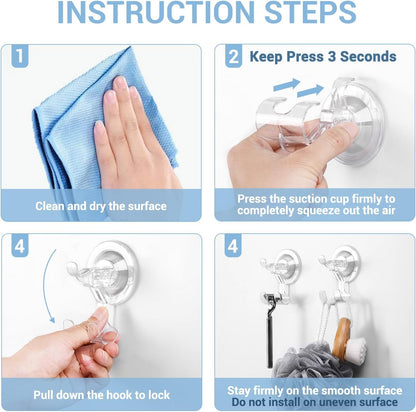Large Suction Cup Hooks Shower Razor Holder - Heavy Duty Reusable Vacuum Shower Hook, Damage Free Wall Hooks for Bathroom Kitchen Towel Loofah Sponge Key Shaver Bathrobe Wreath
