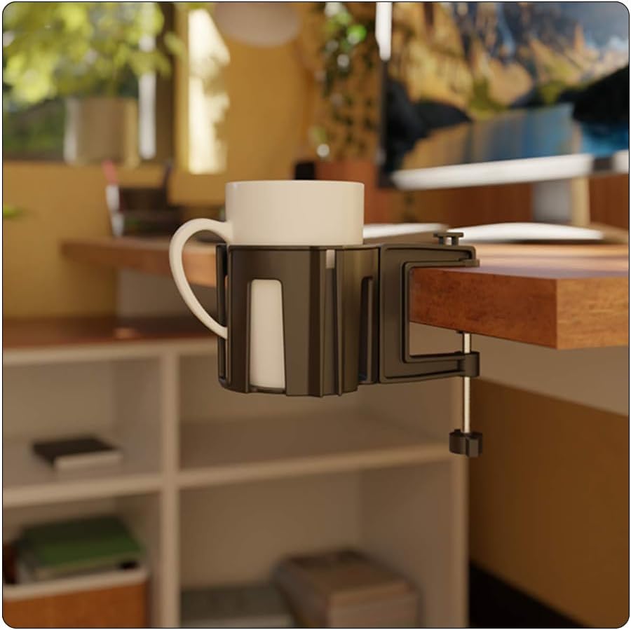 Original Large Desk Cup Holder Clamp Blue | Anti-Spill Mount, Multi-Directional Drink Holder, Headphone Hanger, For Table, Desks, Office & Gaming Setup, Blue