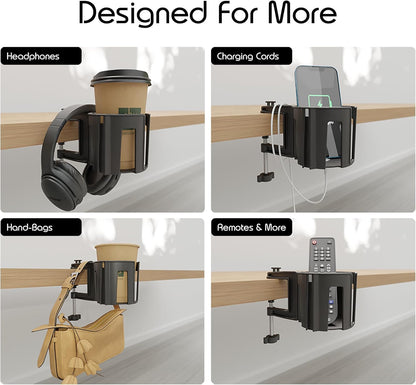 Original Large Desk Cup Holder Clamp Blue | Anti-Spill Mount, Multi-Directional Drink Holder, Headphone Hanger, For Table, Desks, Office & Gaming Setup, Blue