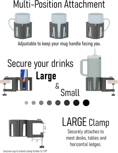 Original Large Desk Cup Holder Clamp Blue | Anti-Spill Mount, Multi-Directional Drink Holder, Headphone Hanger, For Table, Desks, Office & Gaming Setup, Blue