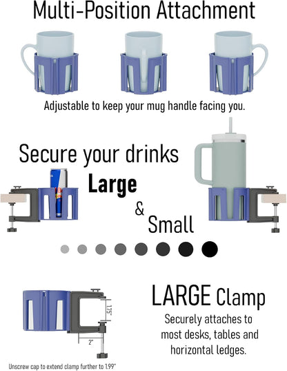 Original Large Desk Cup Holder Clamp Blue | Anti-Spill Mount, Multi-Directional Drink Holder, Headphone Hanger, For Table, Desks, Office & Gaming Setup, Blue