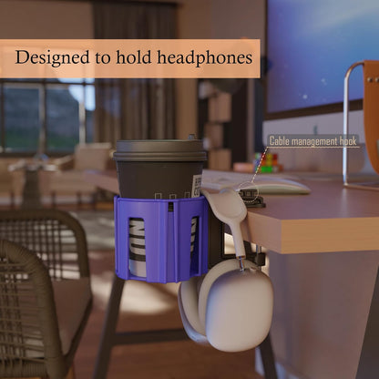 Original Large Desk Cup Holder Clamp Blue | Anti-Spill Mount, Multi-Directional Drink Holder, Headphone Hanger, For Table, Desks, Office & Gaming Setup, Blue