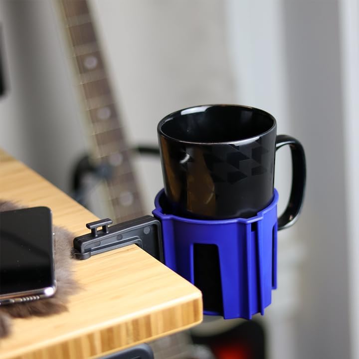 Original Large Desk Cup Holder Clamp Blue | Anti-Spill Mount, Multi-Directional Drink Holder, Headphone Hanger, For Table, Desks, Office & Gaming Setup, Blue