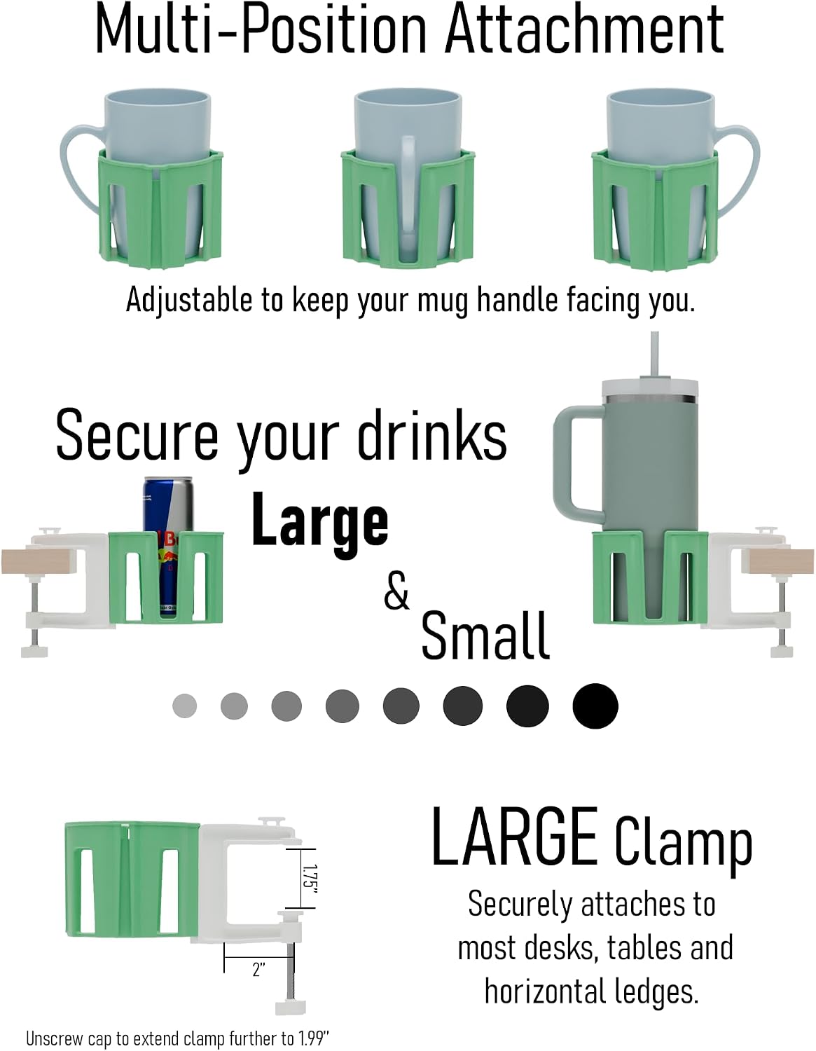 Original Large Desk Cup Holder Clamp Blue | Anti-Spill Mount, Multi-Directional Drink Holder, Headphone Hanger, For Table, Desks, Office & Gaming Setup, Blue