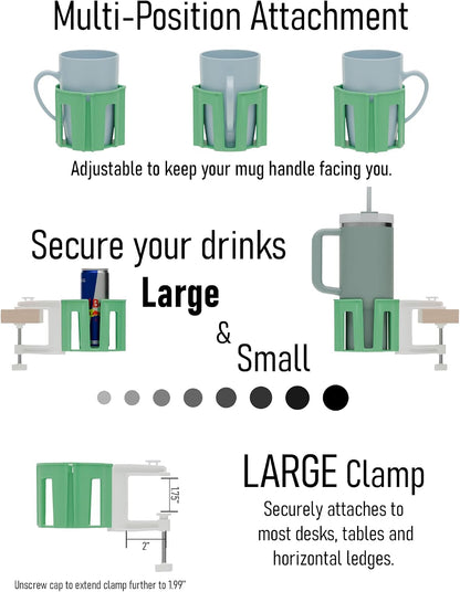Original Large Desk Cup Holder Clamp Blue | Anti-Spill Mount, Multi-Directional Drink Holder, Headphone Hanger, For Table, Desks, Office & Gaming Setup, Blue