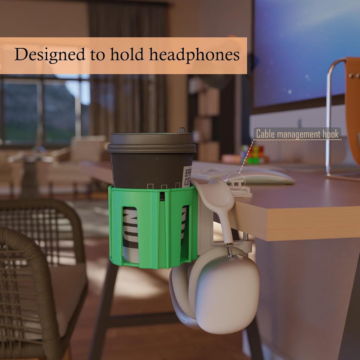 Original Large Desk Cup Holder Clamp Blue | Anti-Spill Mount, Multi-Directional Drink Holder, Headphone Hanger, For Table, Desks, Office & Gaming Setup, Blue