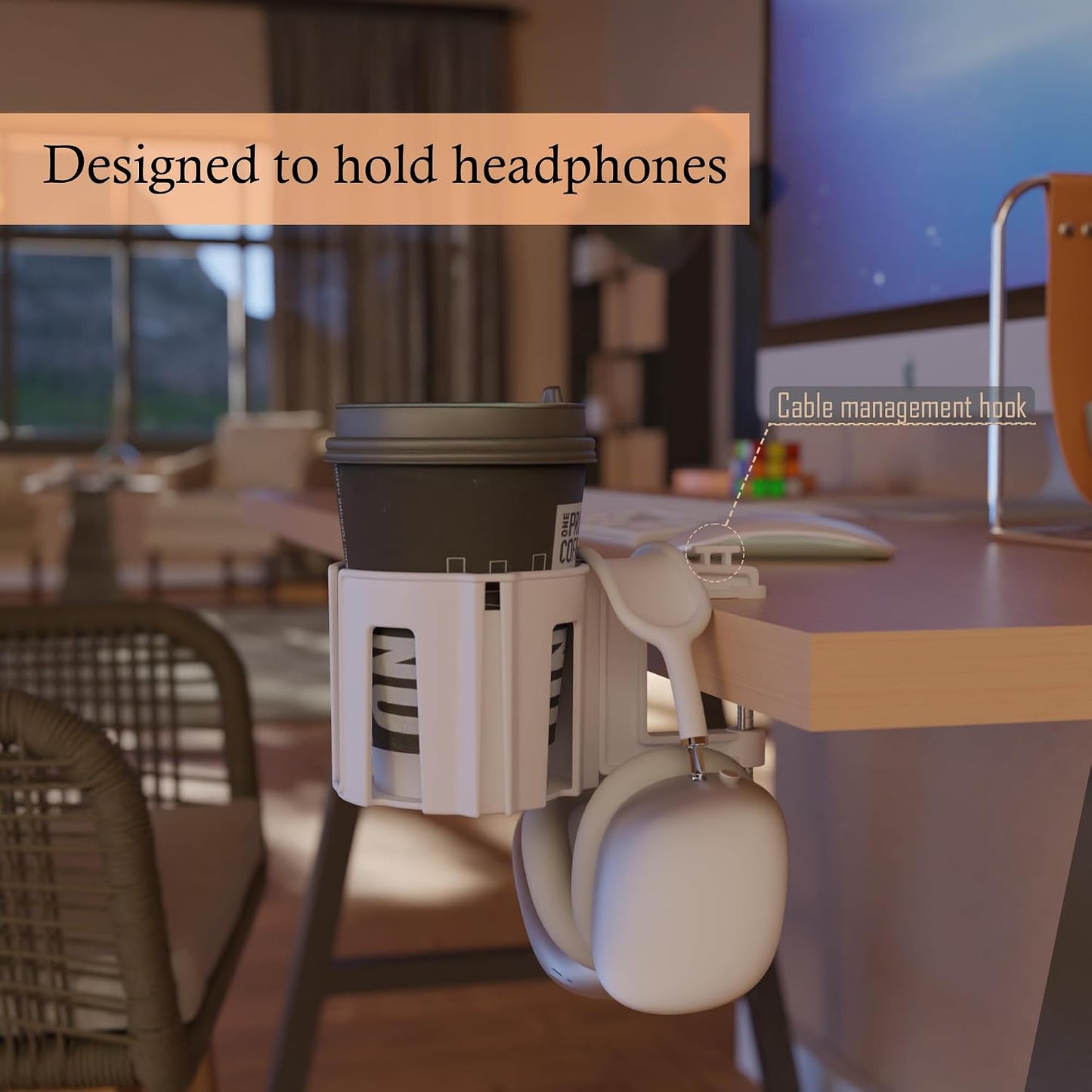 Original Large Desk Cup Holder Clamp Blue | Anti-Spill Mount, Multi-Directional Drink Holder, Headphone Hanger, For Table, Desks, Office & Gaming Setup, Blue
