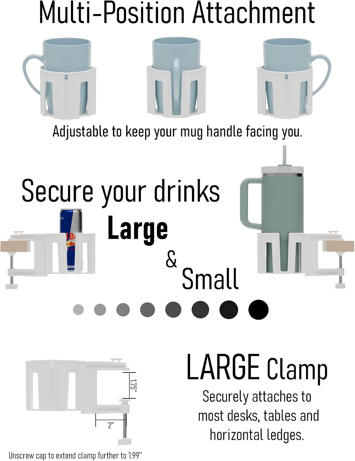 Original Large Desk Cup Holder Clamp Blue | Anti-Spill Mount, Multi-Directional Drink Holder, Headphone Hanger, For Table, Desks, Office & Gaming Setup, Blue