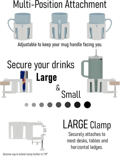 Original Large Desk Cup Holder Clamp Blue | Anti-Spill Mount, Multi-Directional Drink Holder, Headphone Hanger, For Table, Desks, Office & Gaming Setup, Blue