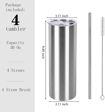 30 Oz Straight Skinny Tumbler Set, Stainless Steel Slim Skinny Travel Tumbler Bulk, Birthday Diy Gift For Women Friends Sisters, 4 Pack, Silver