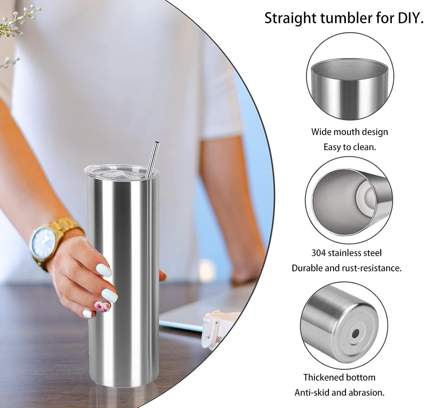 30 Oz Straight Skinny Tumbler Set, Stainless Steel Slim Skinny Travel Tumbler Bulk, Birthday Diy Gift For Women Friends Sisters, 4 Pack, Silver