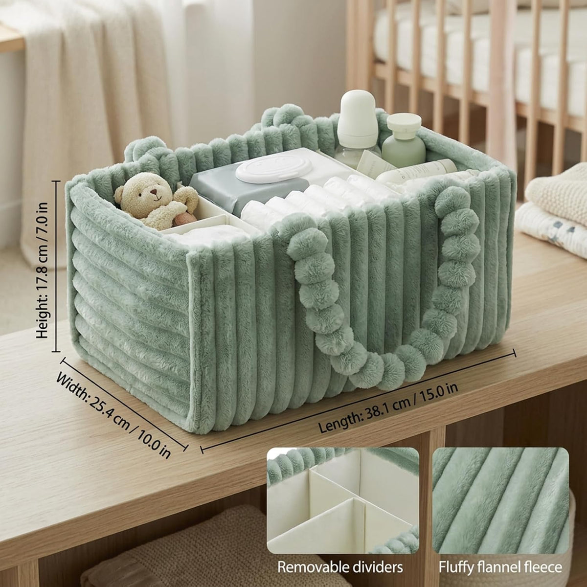 Baby Diaper Caddy Portable Diaper Caddy with Removable Dividers Soft Flannel Storage Bin ideal for Baby Essentials Toys Supplies White