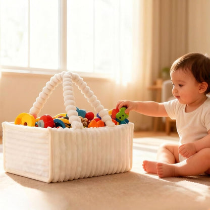Baby Diaper Caddy Portable Diaper Caddy with Removable Dividers Soft Flannel Storage Bin ideal for Baby Essentials Toys Supplies White