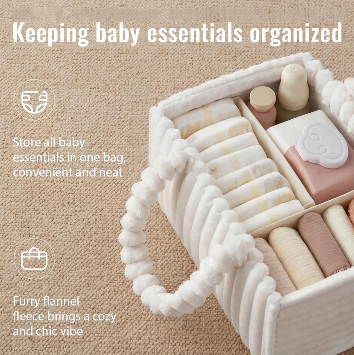 Baby Diaper Caddy Portable Diaper Caddy with Removable Dividers Soft Flannel Storage Bin ideal for Baby Essentials Toys Supplies White
