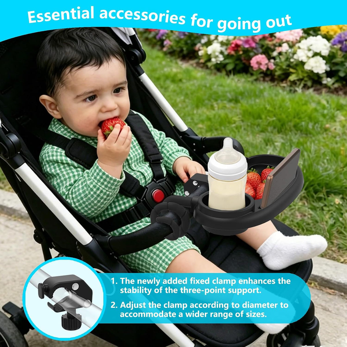 Universal Stroller Snack Tray with Cup Holder and Phone Holder