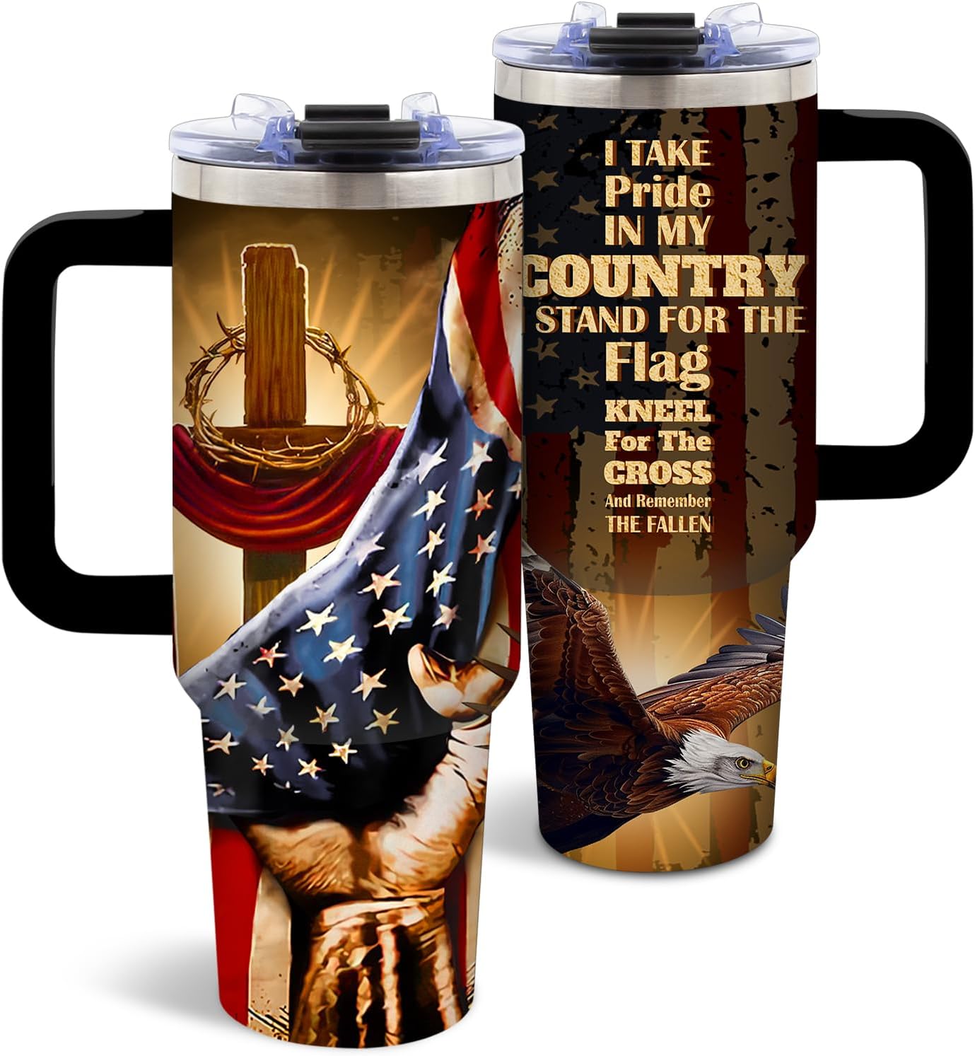 American Flag Cross Eagle Tumbler 40oz, Insulated 4th of July Cup Gift | Patriotic Tumbler Leakproof, Christian Gift for Dad Independence Day, Fathers Day Ideal Gifts for Man Anniversary, 1 Pack