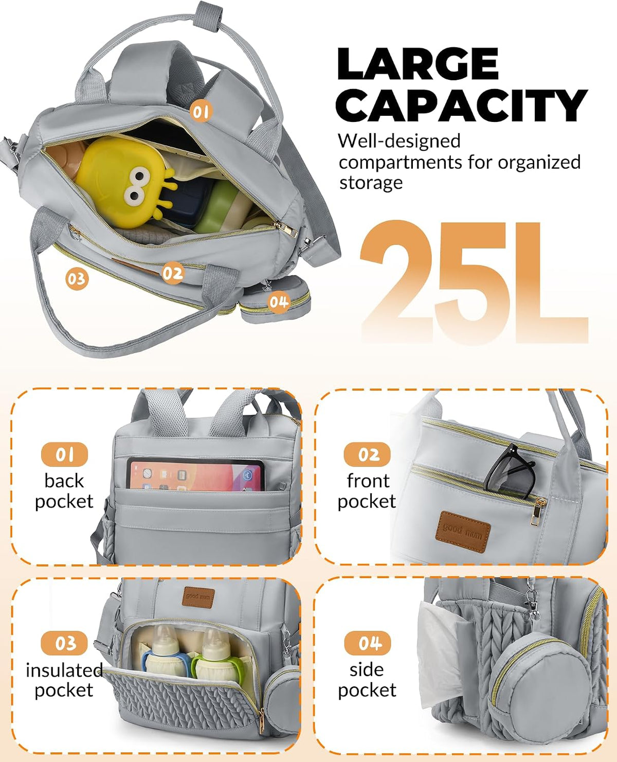 Backpack Diaper Bag,Stylish Waterproof Baby Diaper Bags with Changing Pad,Insulated Pockets,Multi-Function Travel Diaper Backpacks,Newborn Essentials, Grey