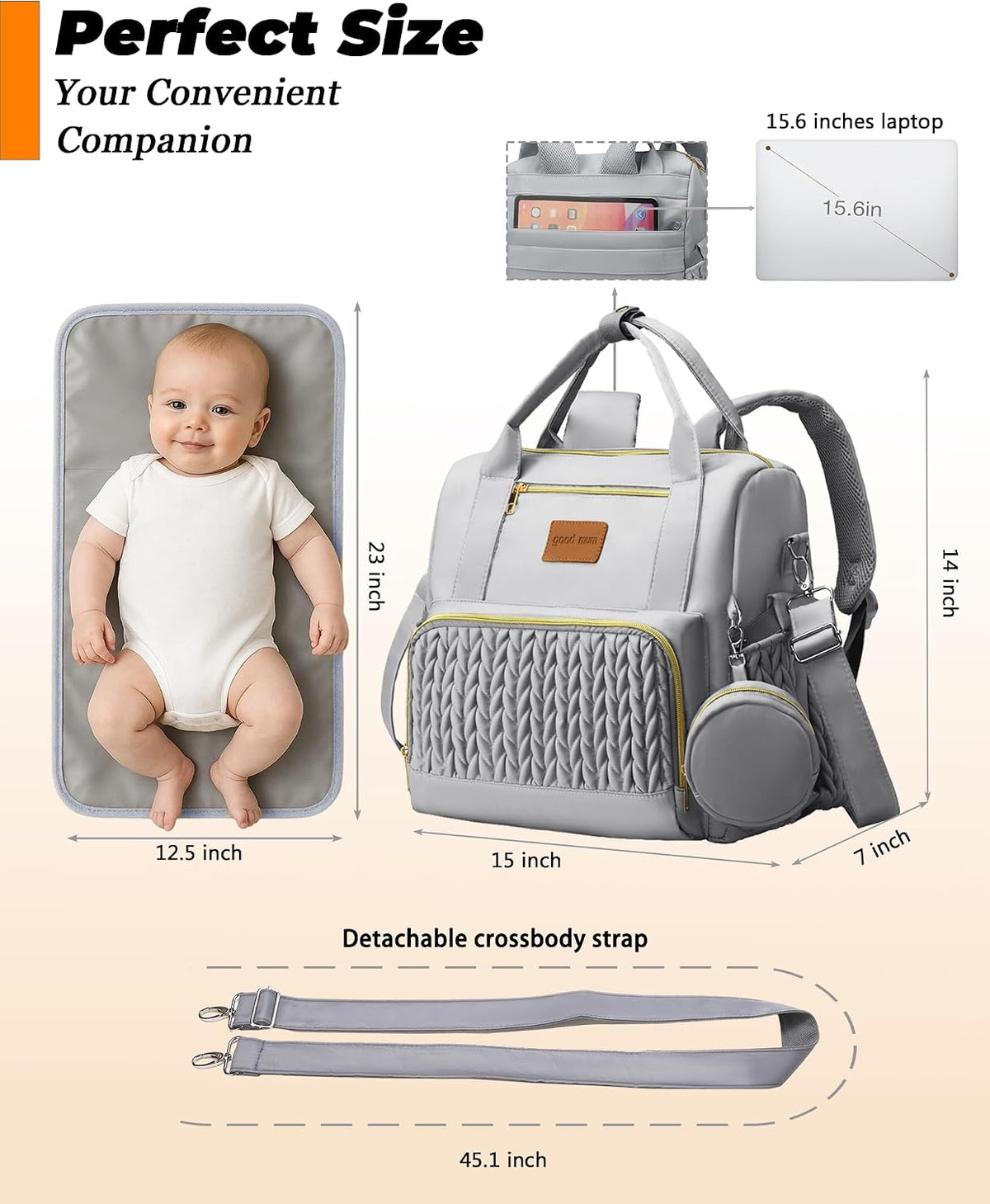 Backpack Diaper Bag,Stylish Waterproof Baby Diaper Bags with Changing Pad,Insulated Pockets,Multi-Function Travel Diaper Backpacks,Newborn Essentials, Grey