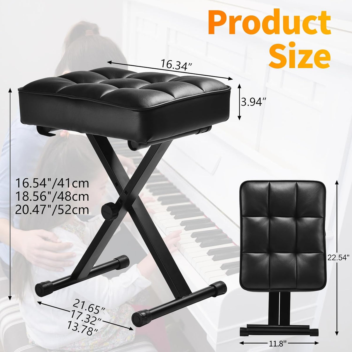 Keyboard Bench Adjustable Piano Stool with Thick Soft Cushion, Black