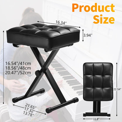 Keyboard Bench Adjustable Piano Stool with Thick Soft Cushion, Black