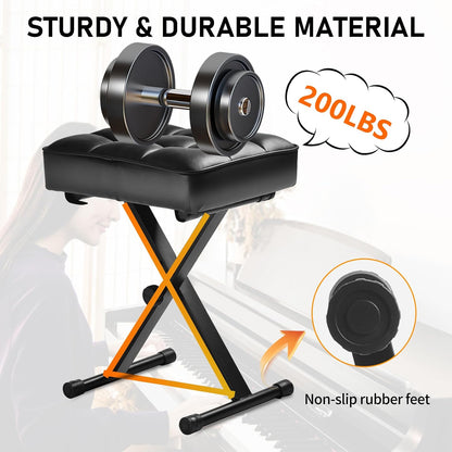 Keyboard Bench Adjustable Piano Stool with Thick Soft Cushion, Black