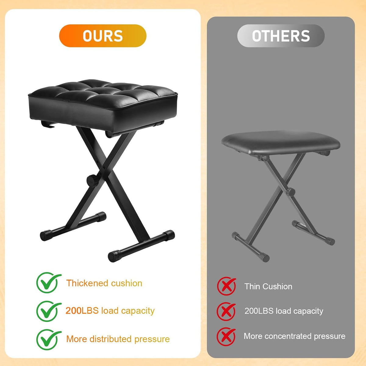 Keyboard Bench Adjustable Piano Stool with Thick Soft Cushion, Black