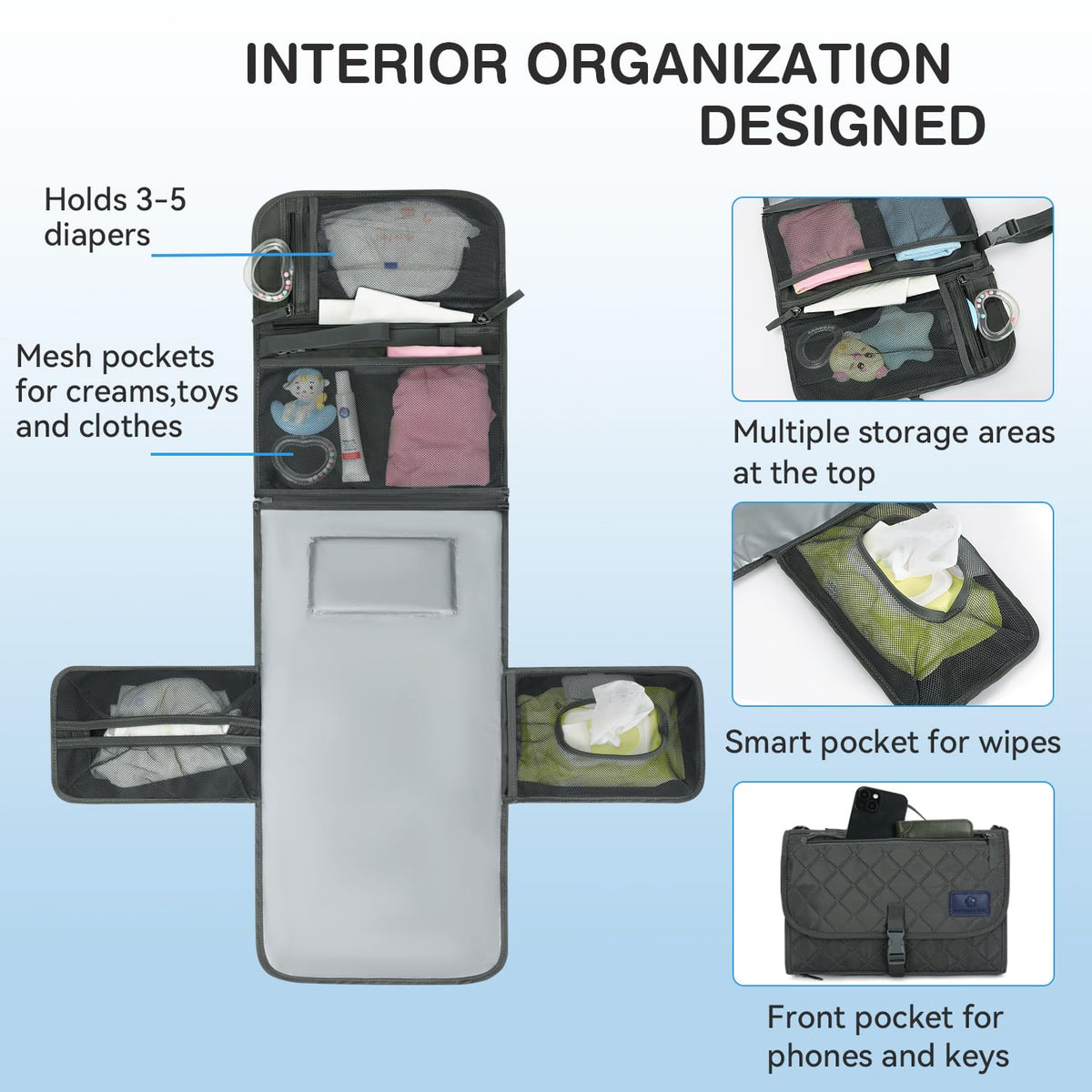 2-in-1 Diaper Changing Pad with Detachable Storage, Quilted Design, Waterproof, Travel-Friendly
