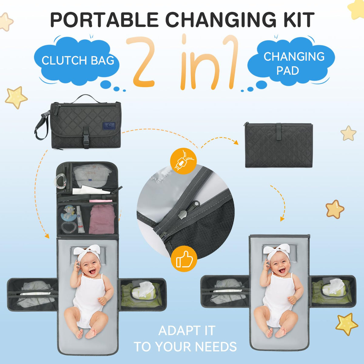 2-in-1 Diaper Changing Pad with Detachable Storage, Quilted Design, Waterproof, Travel-Friendly