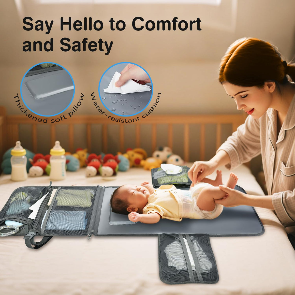 2-in-1 Diaper Changing Pad with Detachable Storage, Quilted Design, Waterproof, Travel-Friendly