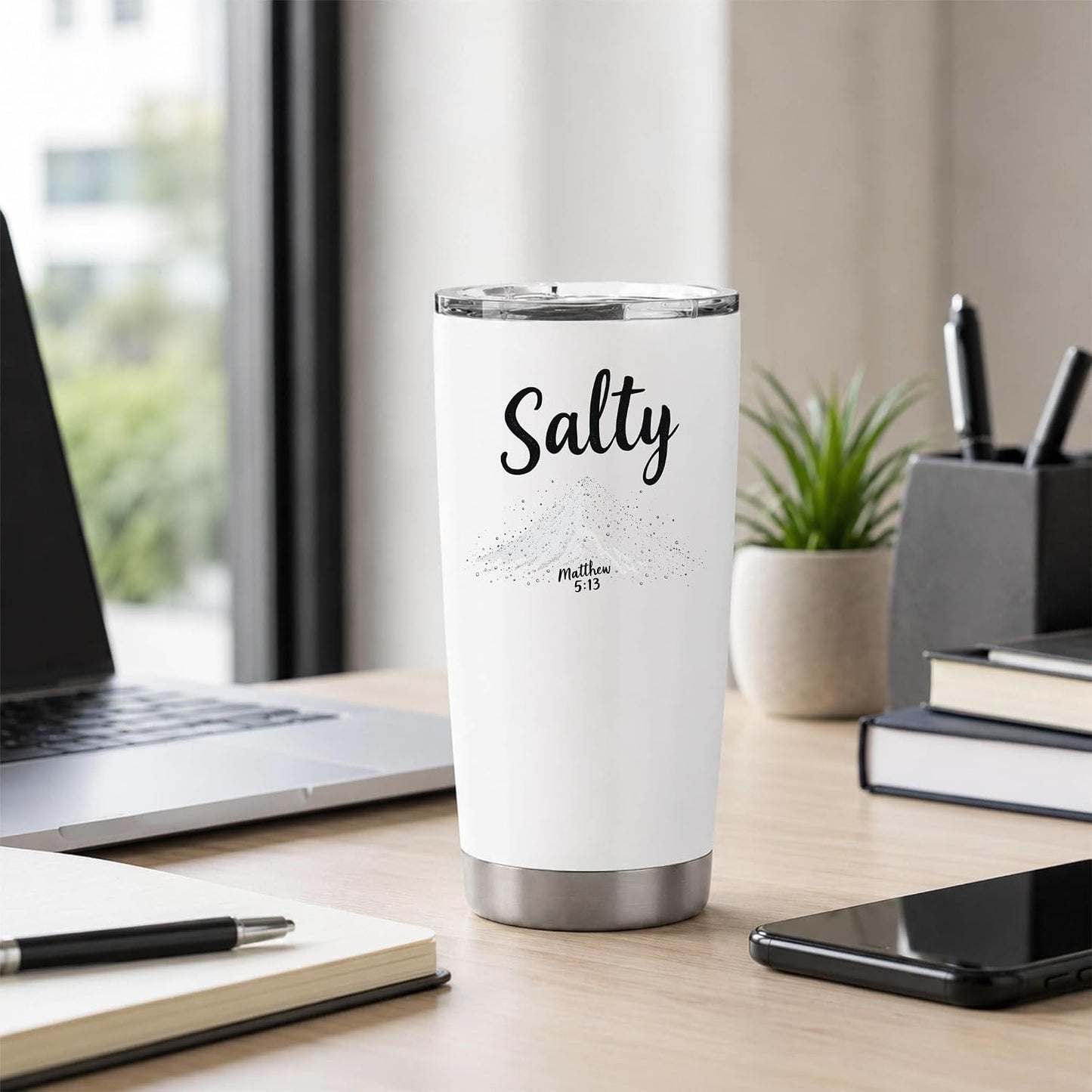 Salty Matthew 5:13 White 20oz Tumbler | Scripture-Inspired Design Connecting Faith and Character Through a Clean Minimalist Visual Concept