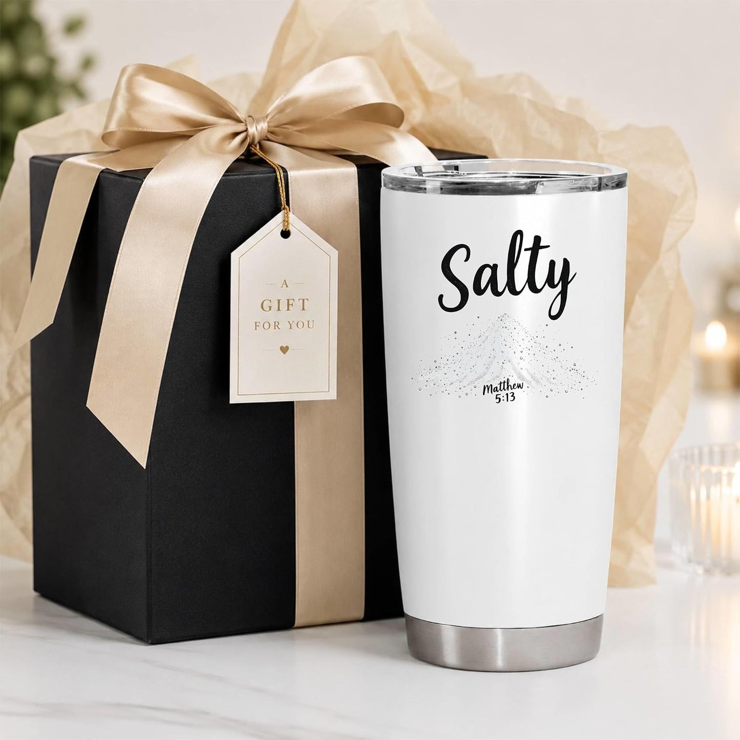 Salty Matthew 5:13 White 20oz Tumbler | Scripture-Inspired Design Connecting Faith and Character Through a Clean Minimalist Visual Concept
