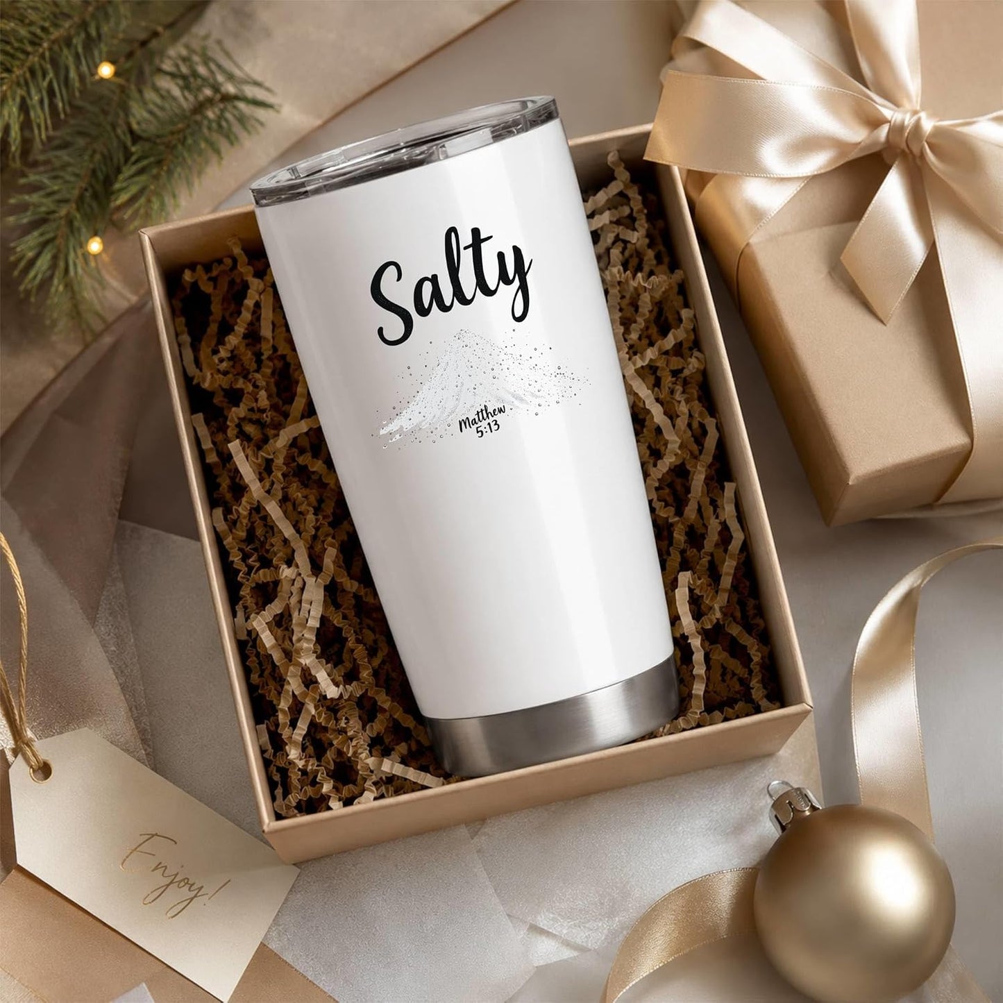 Salty Matthew 5:13 White 20oz Tumbler | Scripture-Inspired Design Connecting Faith and Character Through a Clean Minimalist Visual Concept