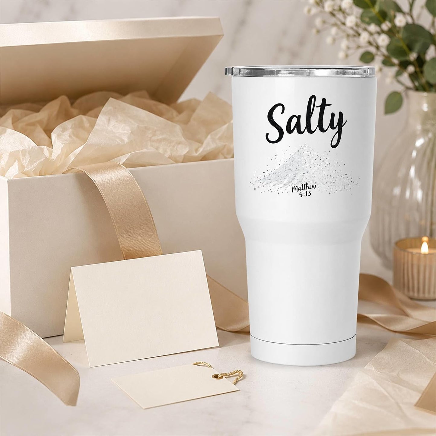 Salty Matthew 5:13 White 20oz Tumbler | Scripture-Inspired Design Connecting Faith and Character Through a Clean Minimalist Visual Concept