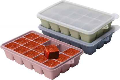 2 Tbsp Silicone Freezer Molds - Perfect for Storing Garlic, Herbs, Ginger, Pesto, Tomato Paste, Lemon Juice, Purees and More - Silicone Food Freezer Tray (Multicolor 3 Pack)