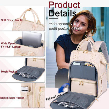 Lunch Backpack for Women,15.6 Inch Laptop Backpacks with Lunch Box