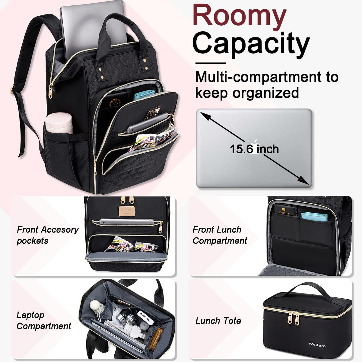 Lunch Backpack for Women,15.6 Inch Laptop Backpacks with Lunch Box