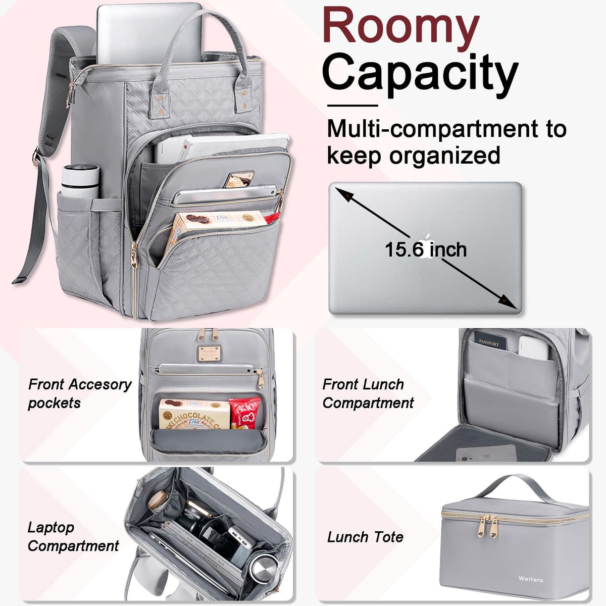 Lunch Backpack for Women,15.6 Inch Laptop Backpacks with Lunch Box