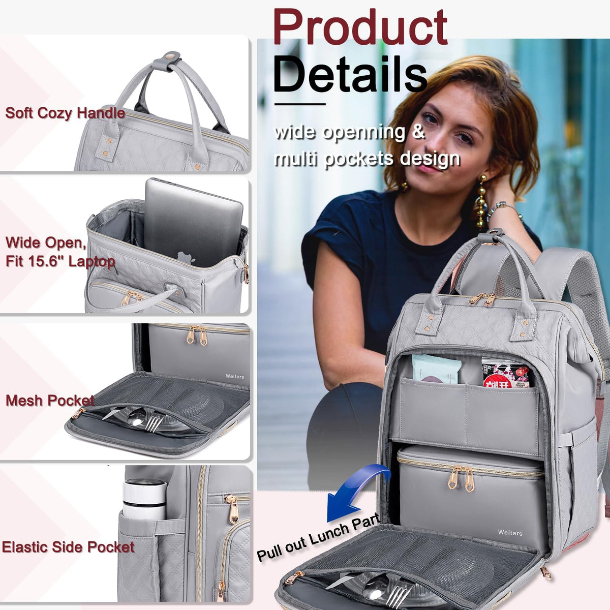 Lunch Backpack for Women,15.6 Inch Laptop Backpacks with Lunch Box