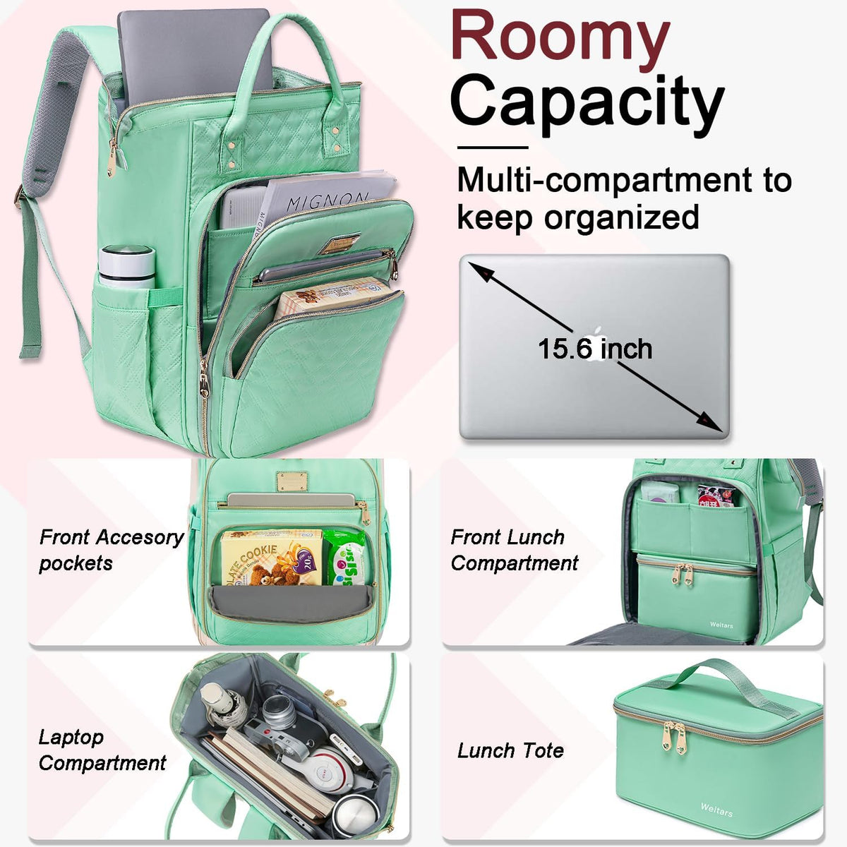 Lunch Backpack for Women,15.6 Inch Laptop Backpacks with Lunch Box