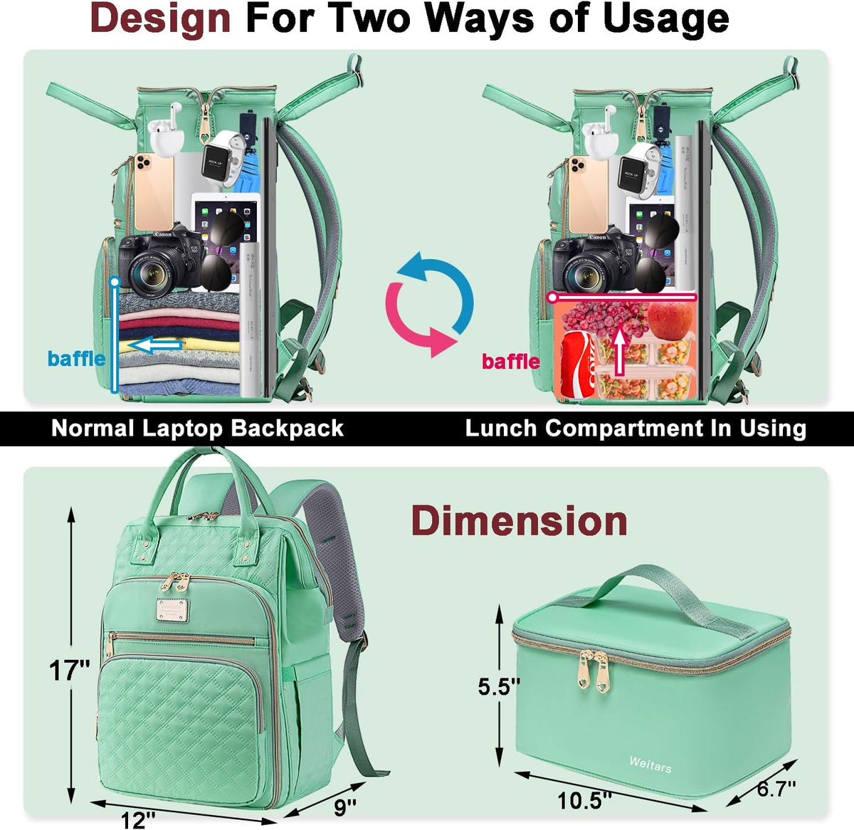 Lunch Backpack for Women,15.6 Inch Laptop Backpacks with Lunch Box