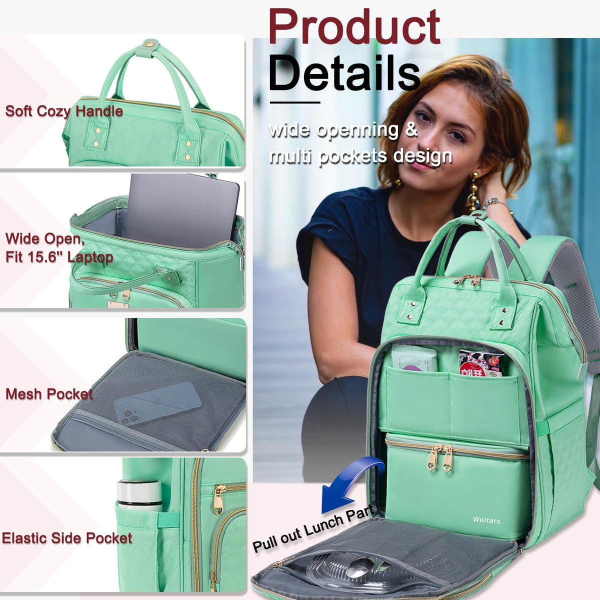 Lunch Backpack for Women,15.6 Inch Laptop Backpacks with Lunch Box