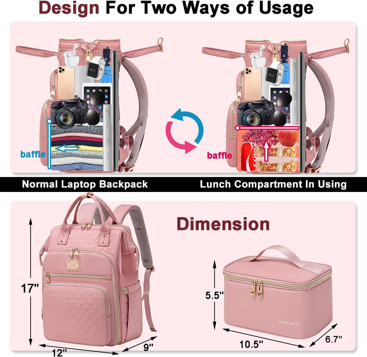 Lunch Backpack for Women,15.6 Inch Laptop Backpacks with Lunch Box